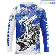 Load image into Gallery viewer, Blue Camo Bass Fishing Jerseys For Fishing Team, Bass Skeleton Fishing Shirts Long Sleeve Hooded NBT418