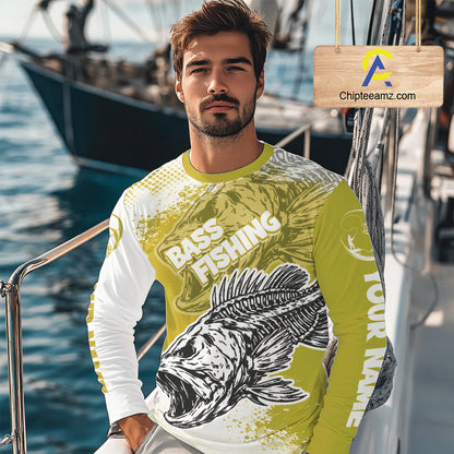 Yellow Camo Bass Fishing Jerseys For Fishing Team, Bass Skeleton Fishing Shirts Long Sleeve NBT419