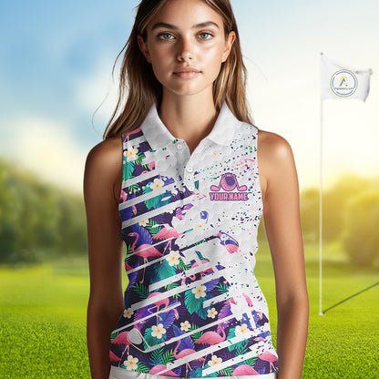 Women Sleeveless Flamingo Golf Polo Shirt, Colorful Tropical Flamingo Pattern, Tropical Golf Shirt NBT477