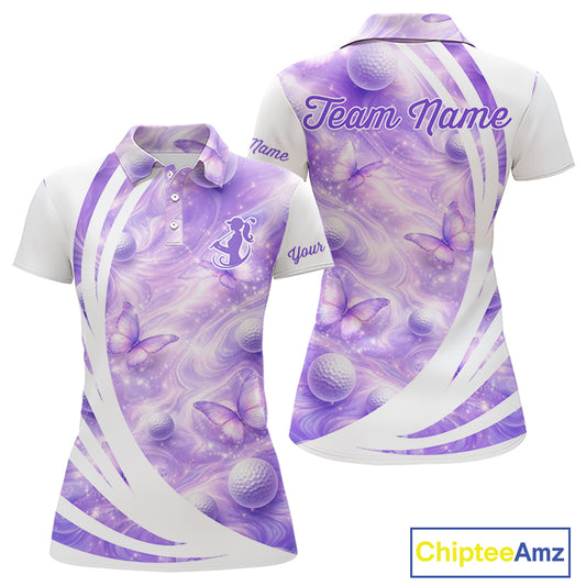 Butterfly Womens Long Sleeve Golf Polo Shirts Custom Name Floral Purple Color, Golf Gifts For Ladies NBT482