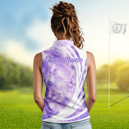 Butterfly Womens Sleeveless Golf Polo Shirts Custom Name Floral Purple, Golf Gifts For Ladies NBT482