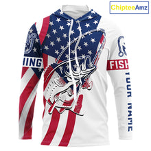 Load image into Gallery viewer, Hooded Bass Fishing American Flag Fishing Tournament Shirts, Personalized Bass Long Sleeve Fishing Jerseys NBT485