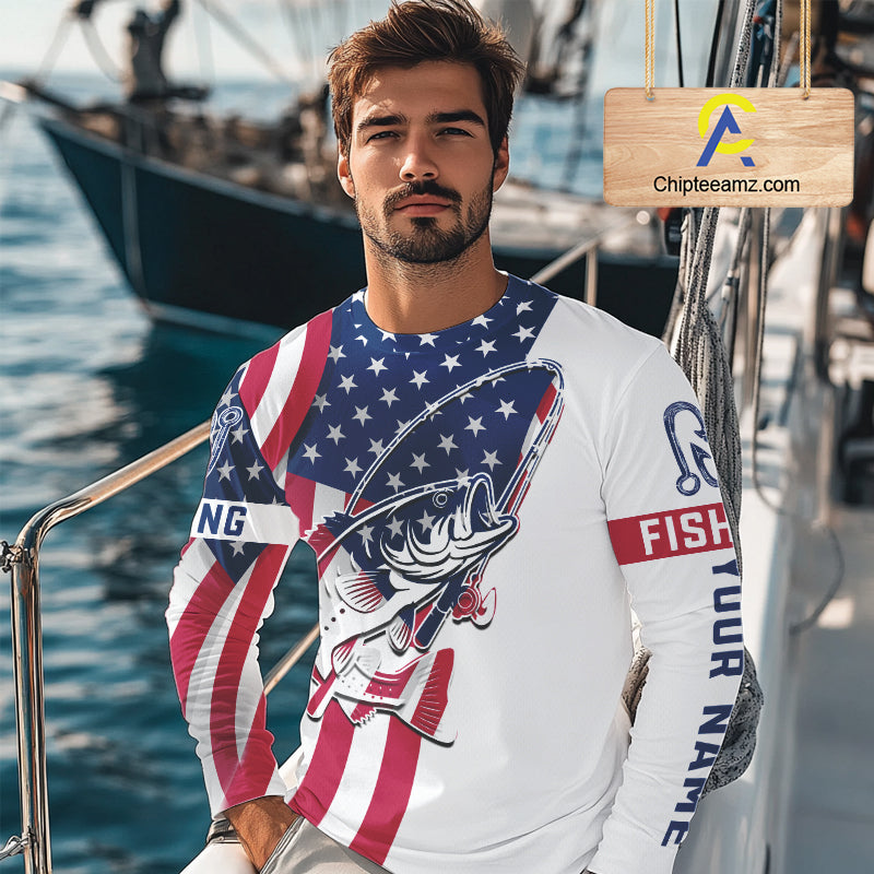 Bass Fishing American Flag Fishing Tournament Shirts, Personalized Bass Long Sleeve Fishing Jerseys NBT485