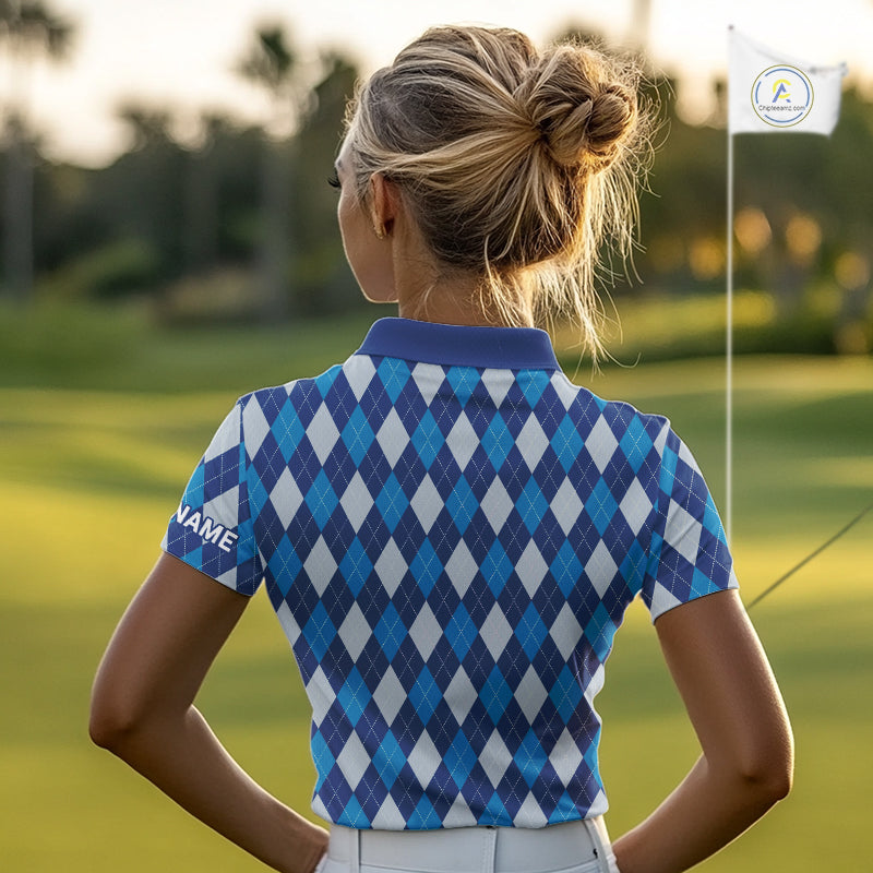 Blue Argyle Golf Polo Shirt For Women Plaid Pattern Custom Name, Golfer Gifts for Ladies NBT488