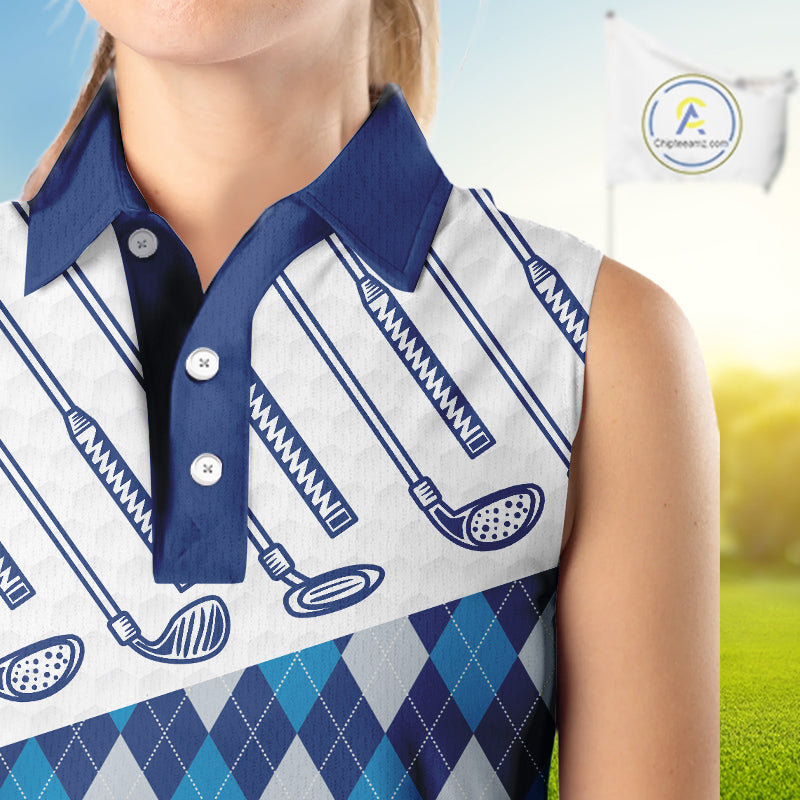 Blue Argyle Sleeveless Golf Polo Shirt For Women Plaid Pattern Custom Name, Golfer Gifts NBT488