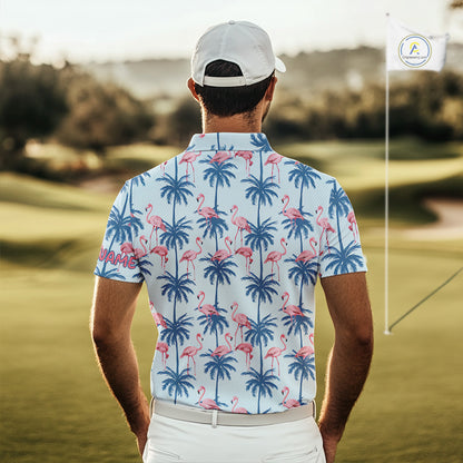 Flamingo Tropical Palm Tree Mens Polo Shirt, Custom Matching Polo Team, Golf Gifts For Men NBT494
