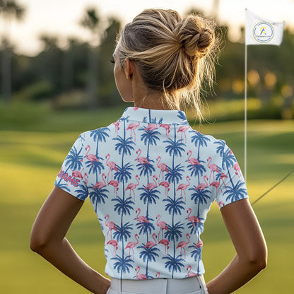 Flamingo Tropical Palm Tree Womens Polo Shirt, Custom Matching Girl Polo Team, Golf Gifts For Ladies NBT494