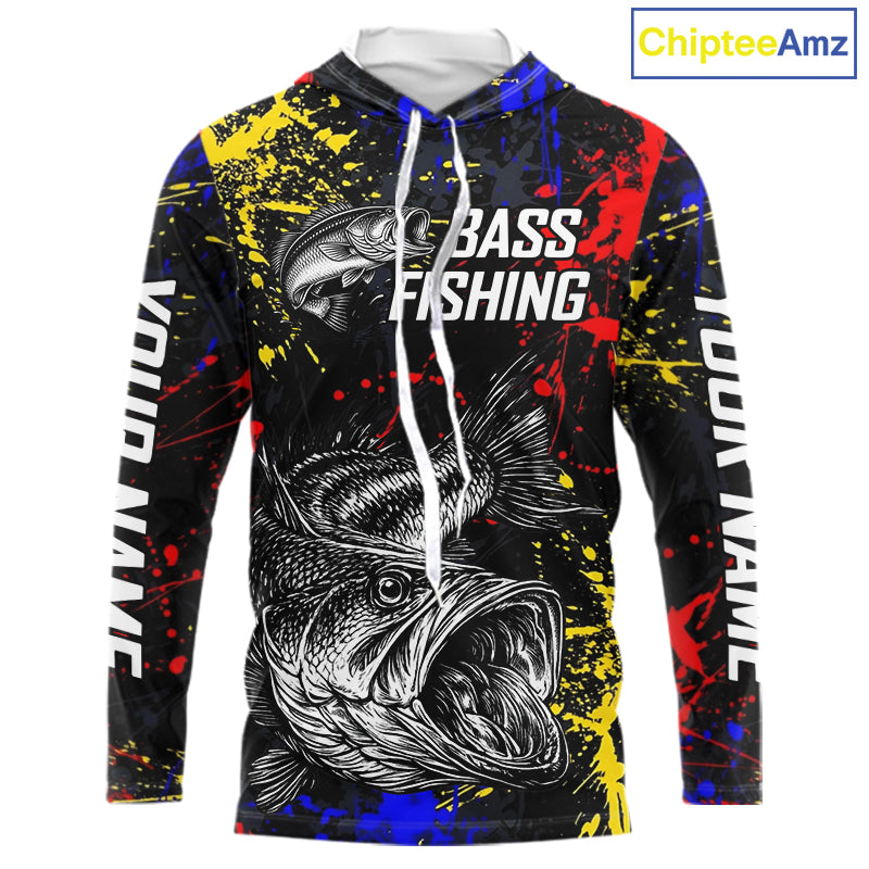 Colorful Paint Tattoo Bass Fishing Shirts Long Sleeve With Hood, Bass Fishing Jerseys NBT431