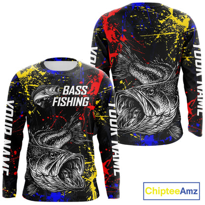Colorful Paint Tattoo Bass Fishing Shirts Long Sleeve With Hood, Bass Fishing Jerseys NBT431