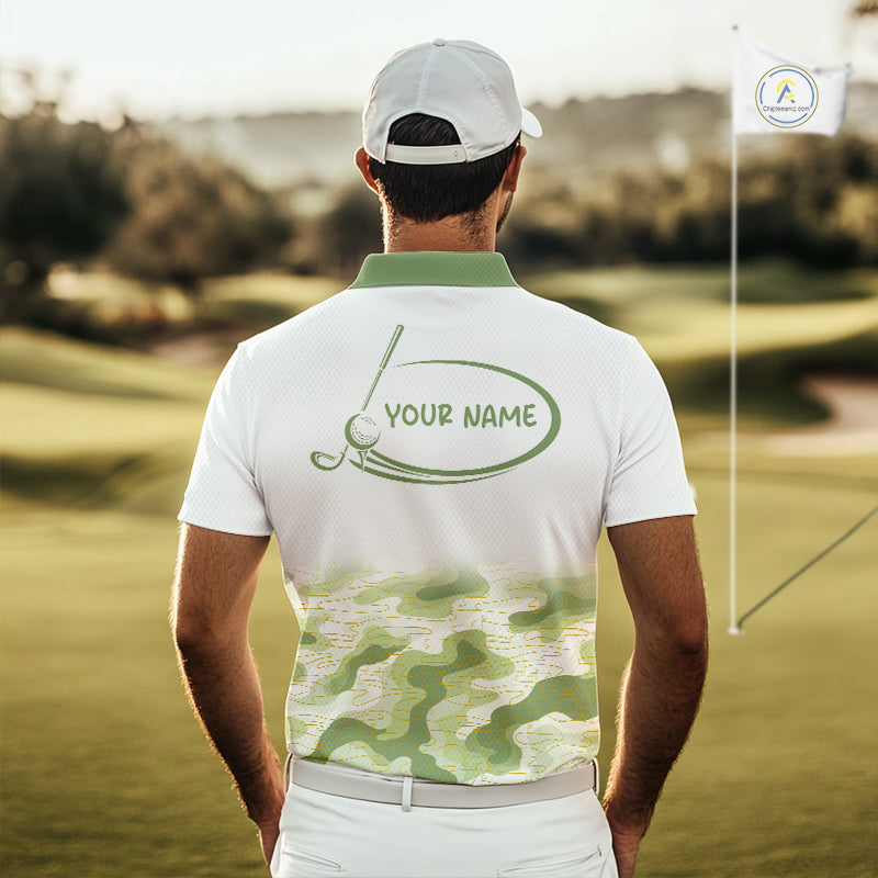 Green And White Camo Mens Golf Polo Shirts Customized Camouflage Golf Shirts For Men, Golfer Gifts NBT510