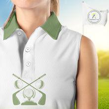 Load image into Gallery viewer, Green And White Camo Womens Sleeveless Golf Polo Shirts Customized Camouflage Golf Shirts For Women, Golfer Gifts NBT510