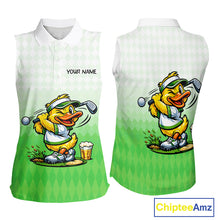 Load image into Gallery viewer, Funny Duck Sleeveless Golf Polo Shirt For Womens, Cute Duck With Beer Print Shirt, Sporty Animal Golf Gift|Green NBT623
