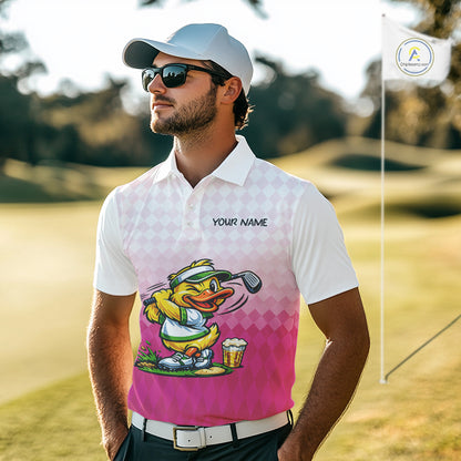 Funny Duck Golf Polo Shirt For Men, Cute Duck With Beer Print Shirt, Sporty Animal Golf Gift|Pink NBT624