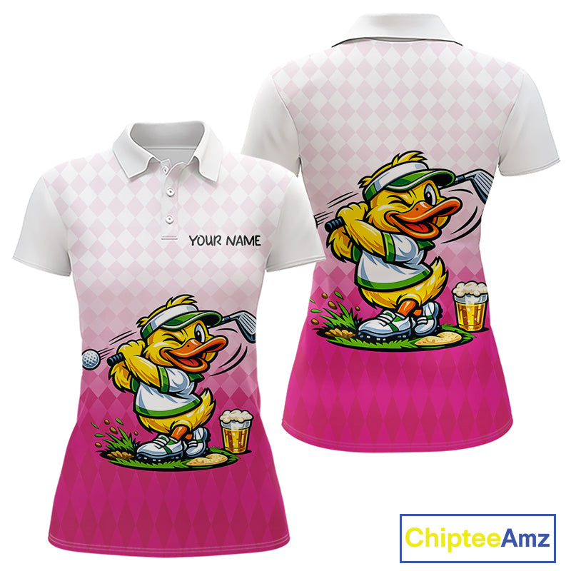 Funny Duck Golf Polo Shirt For Womens, Cute Duck With Beer Print Shirt, Sporty Animal Golf Gift|Pink NBT624