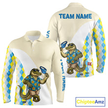 Load image into Gallery viewer, Funny alligator Hawaiian mens long sleeve golf polo shirt with argyle pattern - back view