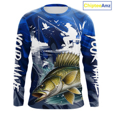 Load image into Gallery viewer, Front view of Walleye Fishing Jersey Custom Name long sleeve fishing shirt, camo walleye fishing shirt for team with walleye graphic and custom name right, left sleeve