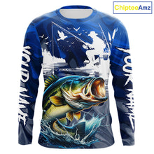 Load image into Gallery viewer, Front view of Bass Fishing Jersey Custom Name long sleeve fishing shirt, camo bass fishing shirt for team with bass graphic and custom name left sleeve
