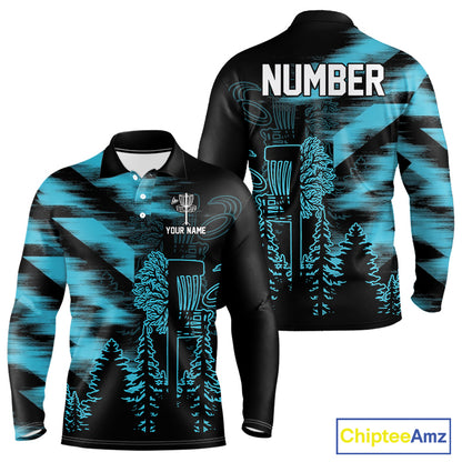 Mens Disc Golf Polo Shirt Custom Name Blue Disc Golf Basket, Personalized Disc Golf Shirts NBT646
