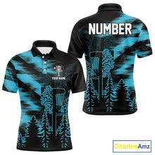 Load image into Gallery viewer, Mens Disc Golf Polo Shirt Custom Name Blue Disc Golf Basket, Personalized Disc Golf Shirts NBT646