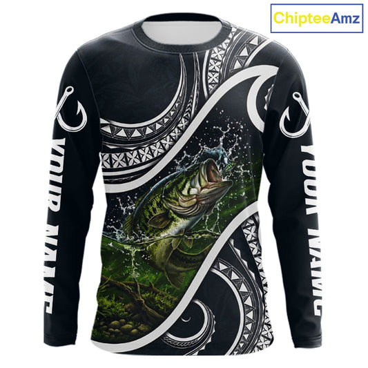 Front view of blue tribal pattern custom largemouth bass long sleeve fishing shirt