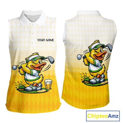 Funny Duck Sleeveless Golf Polo Shirt For Women, Cute Duck With Beer Print Shirt, Sporty Animal Golf Gift NBT516