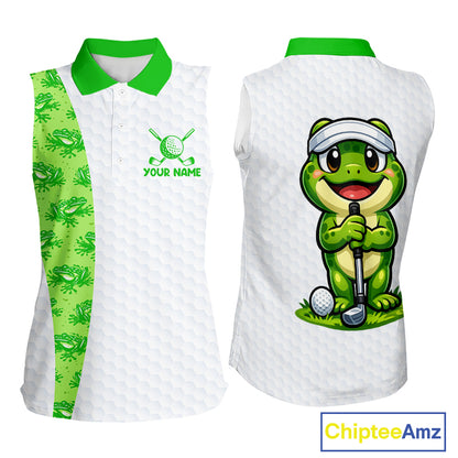 Funny Frog Green Womens Sleeveless Golf Polo Shirt Custom Women Golf Top, Personalized Golf Gifts NBT517