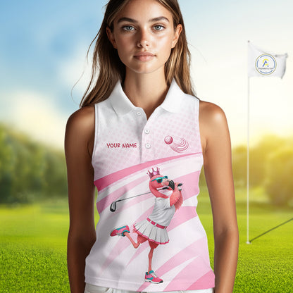 Funny Pink Flamingo Sleeveless Golf Polo Shirt For Women Custom Flamingo Golfer Pattern Golf Shirts, Golf Attire NBT518