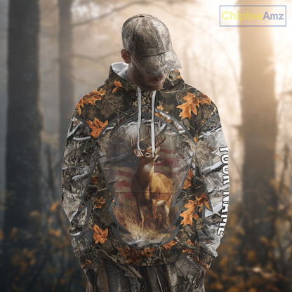 Deer Hunting Camo Hoodie American Flag Long Sleeve 3D Shirt Men Camo Hoodie NBT293
