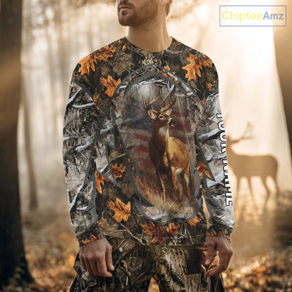 Deer Hunting Camo Hoodie American Flag Long Sleeve 3D Shirt Men Camo Hoodie NBT293