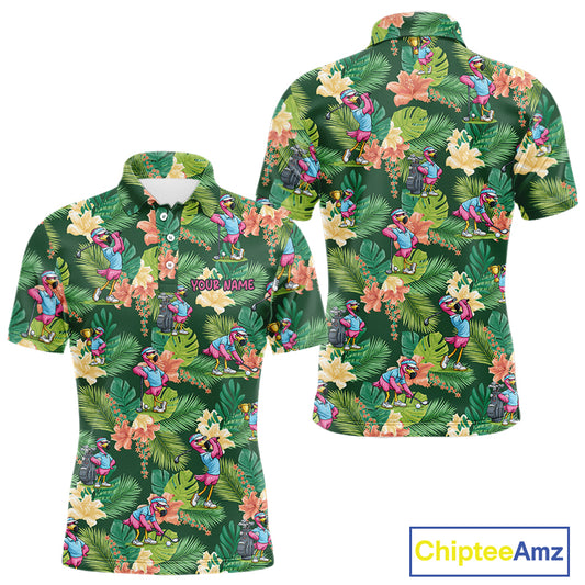 Funny Mens Golf Polo Shirt Custom Green Tropical Flower Flamingo Team Golf Shirts, Golf Gifts NBT660