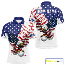 Load image into Gallery viewer, Polo shirt with American flag design and eagle holding a golf ball, customizable text on a white background.