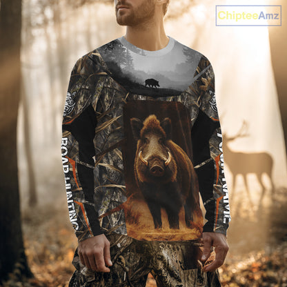 Boar Hunting Shirt Brown Camouflage Hoodie, Long Sleeve Custom Name For Men NBT247
