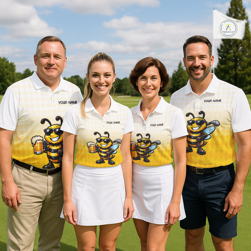 Funny Bee Golf Polo Shirt For Men, Cute Bee With Beer Print Shirt, Sporty Animal Golf Gift|Yellow NBT663