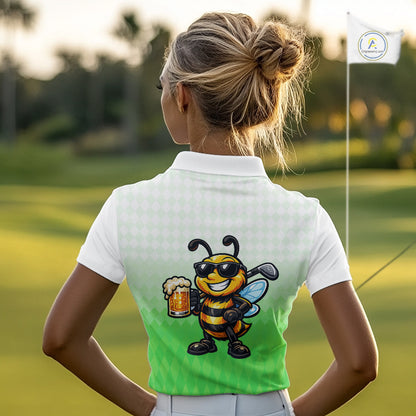 Funny Bee Golf Polo Shirt For Women, Cute Bee With Beer Print Shirt, Sporty Animal Golf Gift|Green NBT665