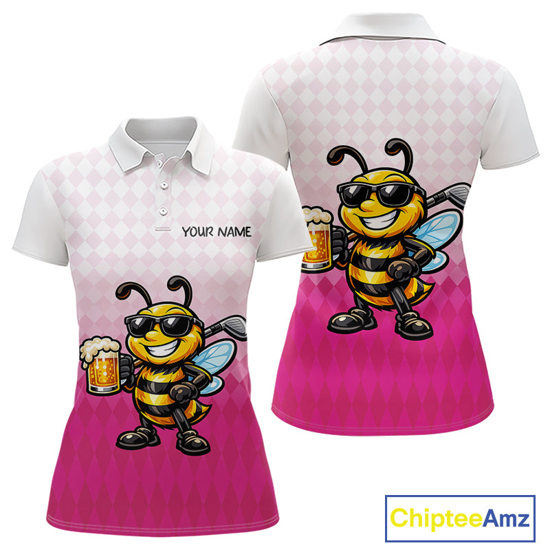 Funny Bee Golf Polo Shirt For Women, Cute Bee With Beer Print Shirt, Sporty Animal Golf Gift|Pink NBT666