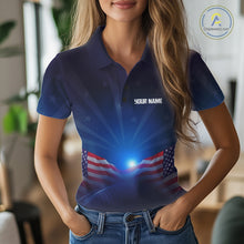 Load image into Gallery viewer, Person wearing a blue polo shirt with an American flag design and 'Your Name' text.