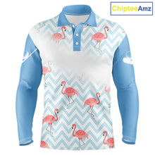 Load image into Gallery viewer, Custom flamingo long sleeve golf polo shirt front design in blue and white