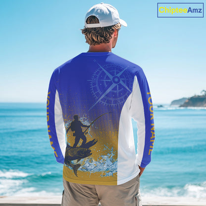 Trout Fishing Shirts Long Sleeve Fisherman Compass Blue And Yellow, Trout Fly Fishing Jerseys NBT389