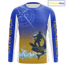 Load image into Gallery viewer, Trout Fishing Shirts Long Sleeve Fisherman Compass Blue And Yellow, Trout Fly Fishing Jerseys NBT389