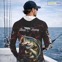 Load image into Gallery viewer, Angler wearing Bass Fishing Camo Long Sleeve Hooded Fishing Tournament Shirts with personalized name