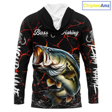 Load image into Gallery viewer, Back view of Bass Fishing camo long sleeve hooded fishing shirt UPF protection with personalized name 