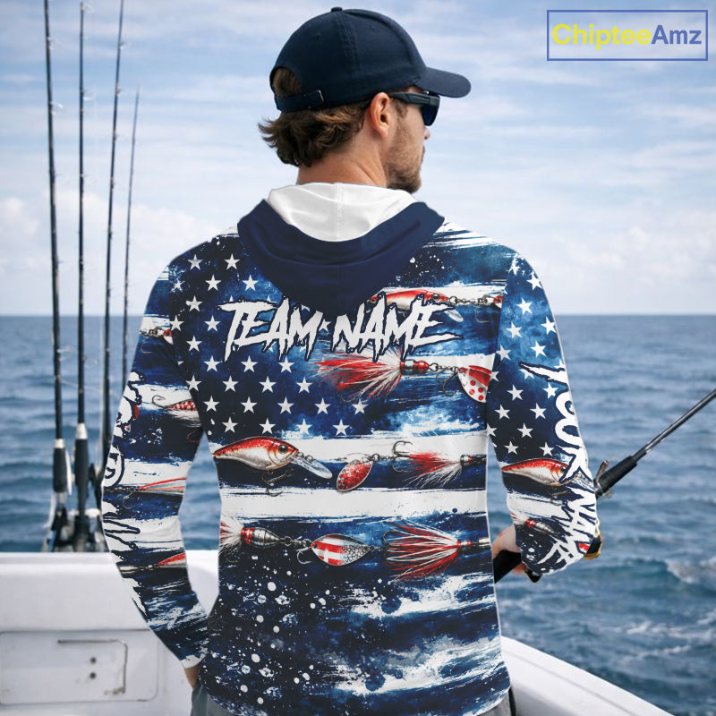 Fishing Lure American Flag Custom Long Sleeve Hooded Performance Fishing Shirts, Team Fishing Jerseys NBT940
