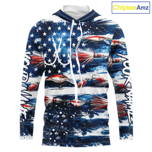 Fishing Lure American Flag Custom Long Sleeve Hooded Performance Fishing Shirts, Team Fishing Jerseys NBT940