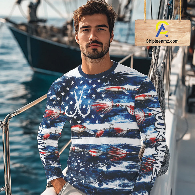 Fishing Lure American Flag Custom Long Sleeve Performance Fishing Shirts, Team Fishing Jerseys NBT940