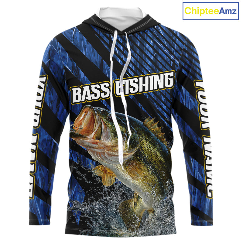 Personalized Reed Camo Bass Fishing Long Sleeve Hooded Shirts, Custom Bass Tournament Jerseys|Blue NBT348