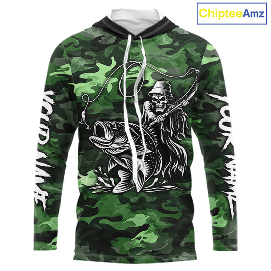 Reaper Fishing Largemouth Bass Long Sleeve Hooded Fishing Shirts Green Camo, Camo Fishing Shirt NBT392