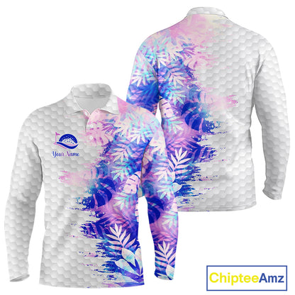 Mens Golf Polo Shirts Custom Hologram Tropical Leaves Golf Shirts, Mens Golf Tops NBT544