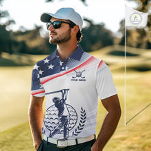 Load image into Gallery viewer, American Flag White Men Golf Polo Shirts Custom Patriotic Mens Golf Top, Golf Gifts NBT547