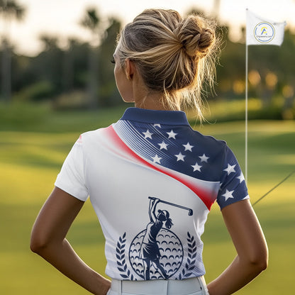 American Flag White Womens Golf Polo Shirts Custom Patriotic Womens Golf Top, Golf Gifts NBT547
