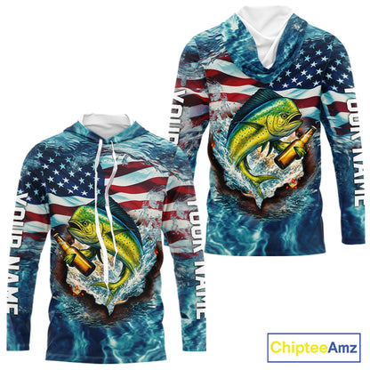 American Flag Mahi Mahi (Dorado) Fishing Custom Name Blue Water Camo Long Sleeve Hooded Fishing Shirt NBT689